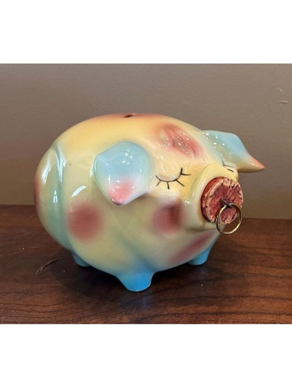 1957 Hull Piggy Bank, Hull Pottery Corky Pig Pink and Blue Glazed Piggy Bank